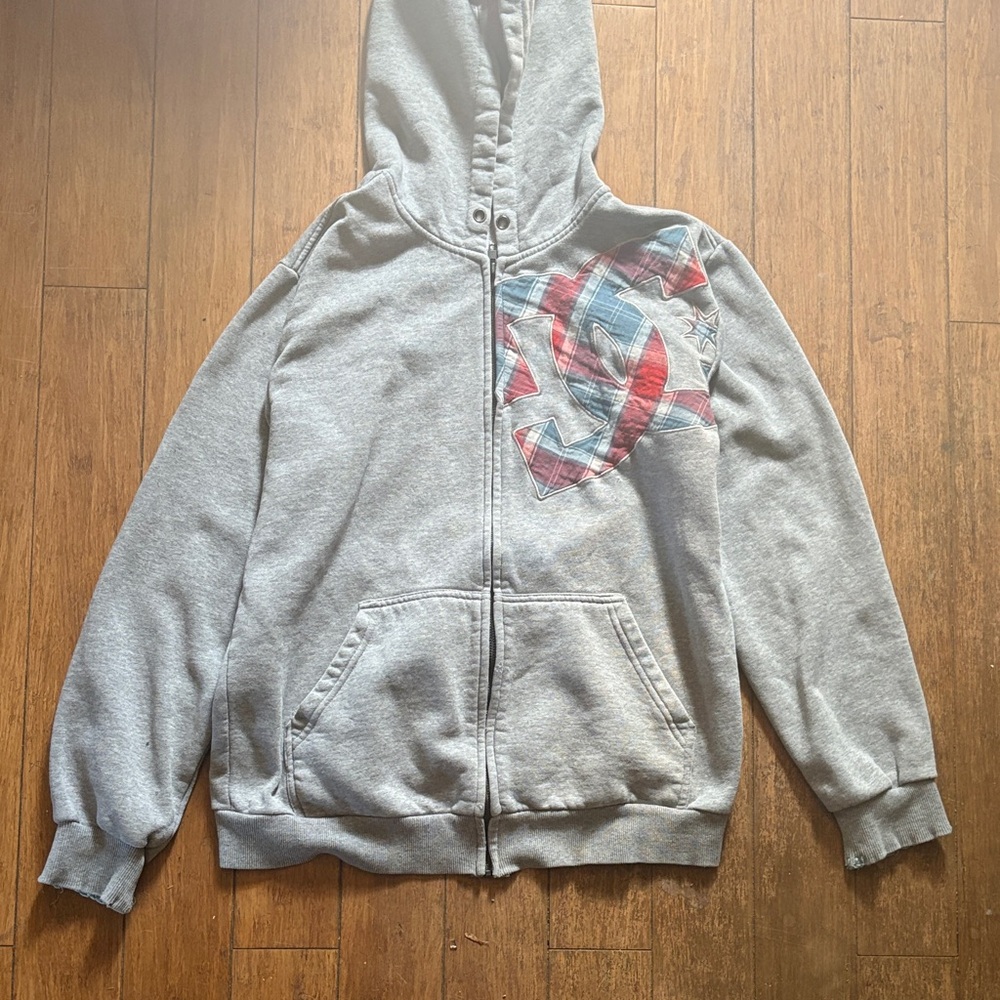 Gray DC hoodie with plaid graphic designs